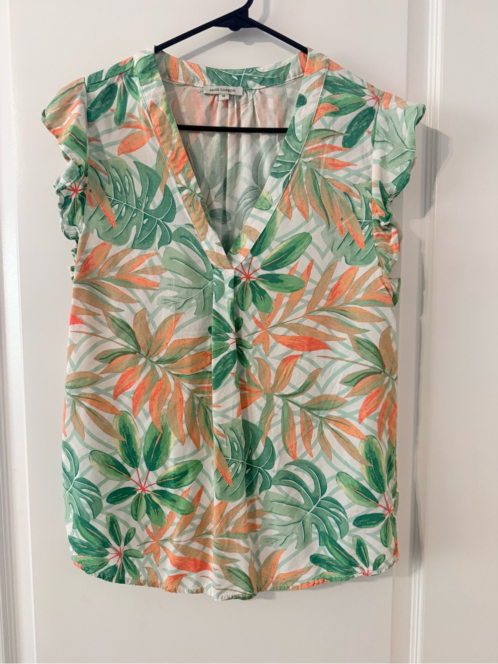 Anne Carson Green & Orange Tropical V-Neck Flutter Sleeve Blouse
